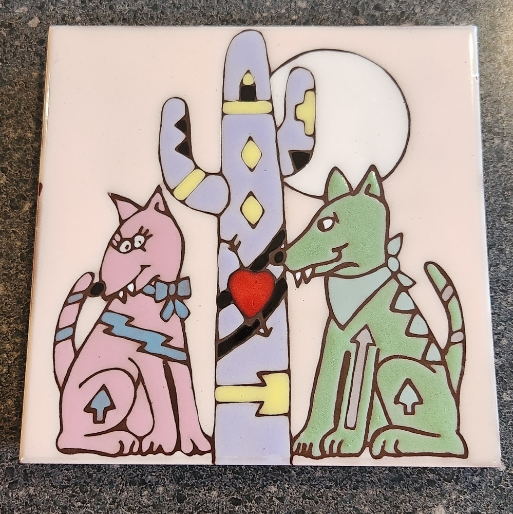 Coyote Couple In LOVE Decorative Wall Hanging Tile Saguaro Cactus Trivet